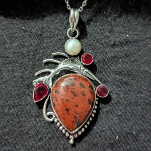 Silver Plated Brown Mahogany Obsidian Gemstone Pearl Swordfish Pendant Necklace